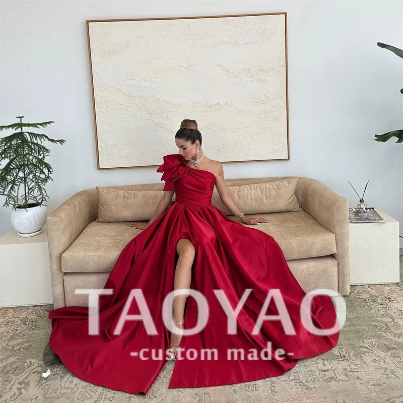 Red Satin Evening Dresses Long One Shoulder Bow Split Prom Gowns Formal Party Occasion Dress 2024 Celebrity Gowns For Women