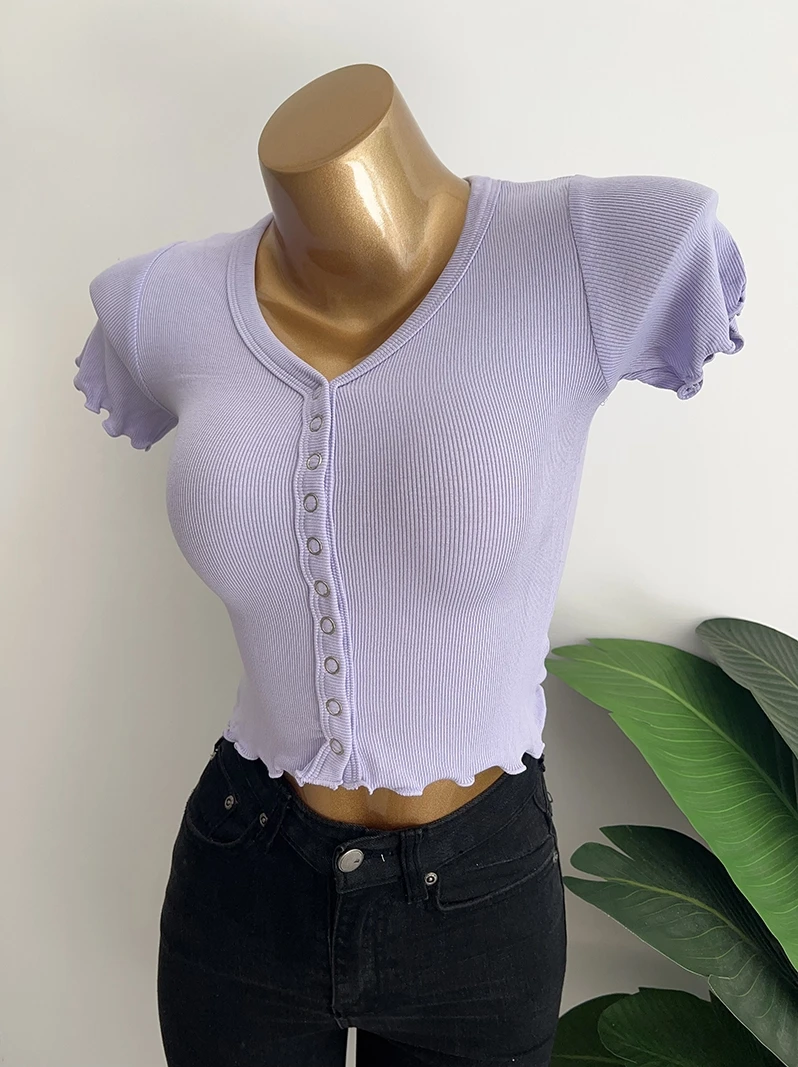Sexy Short Sleeve T-Shirt Women's Short Dancing Top High Waist V-Neck Button Detail Commute Style Korean Fashion Spring Autumn