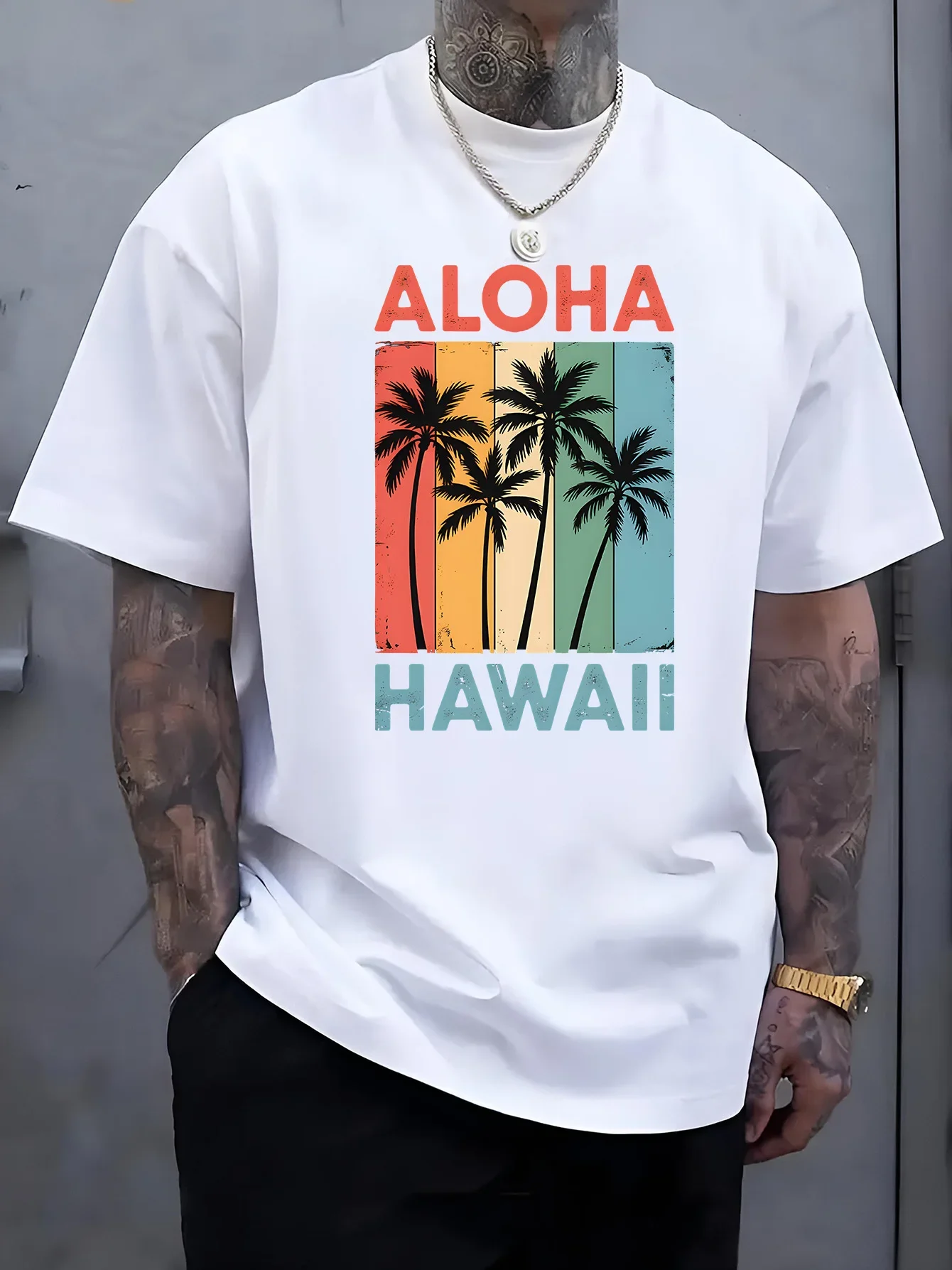 Men's Black Retro Crew Neck Tee Rainbow Vertical Stripes Palm Tree Aloha Hawaii Vintage Tropical Beach Casual Cotton Top