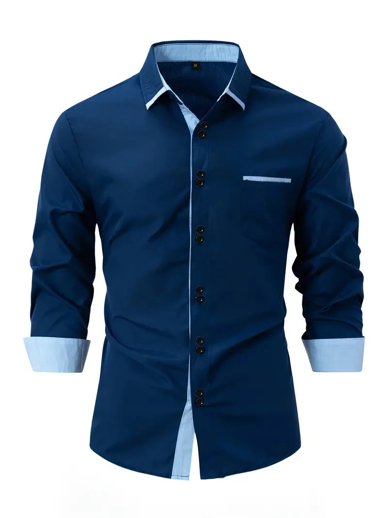 Men's Shirt Business Casual Comfortable Cotton Lapel Color Matching Pocket Holiday Long Sleeve Top