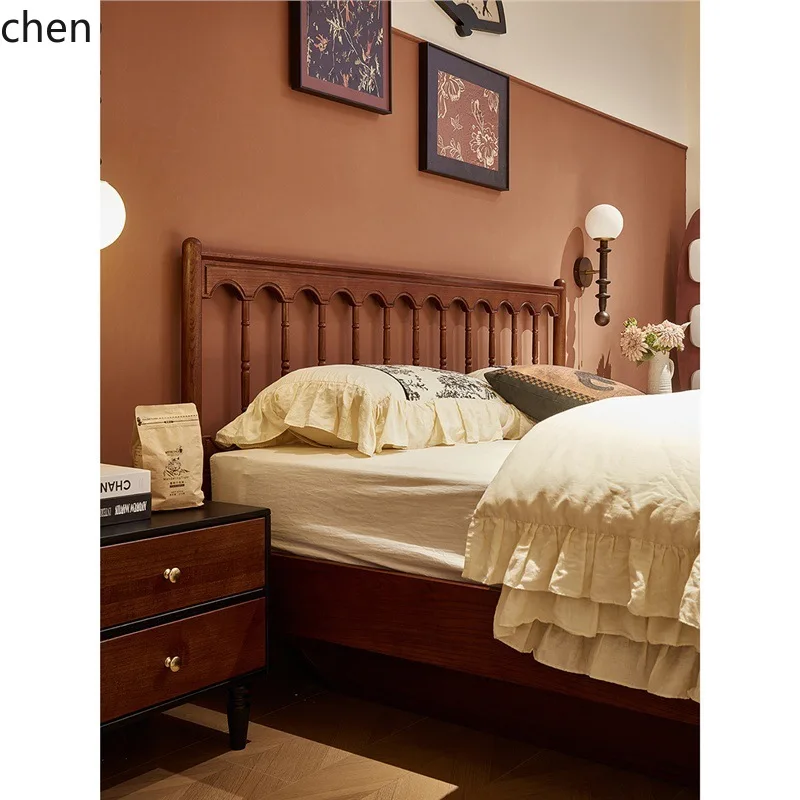 ZML Solid Wood Bed 1.8m Master Bedroom Double Bed Vintage Style Red Oak Bed