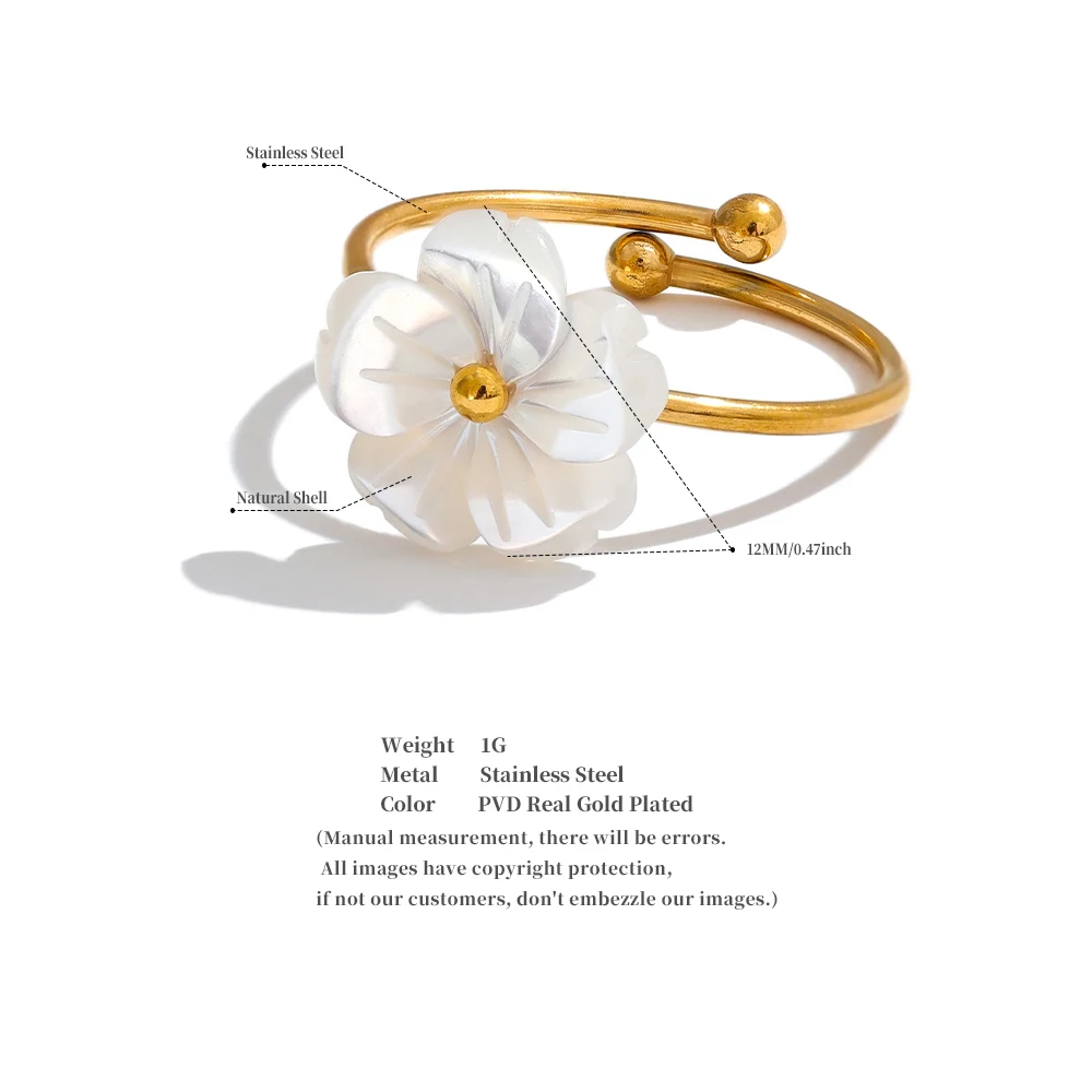 Yhpup Modischer, verstellbarer offener Ring mit natürlicher Muschelblume, süßer Edelstahl, 18 Karat PVD-beschichtet, Sommer- und Alltagsschmuck, Geschenk – Detail 3