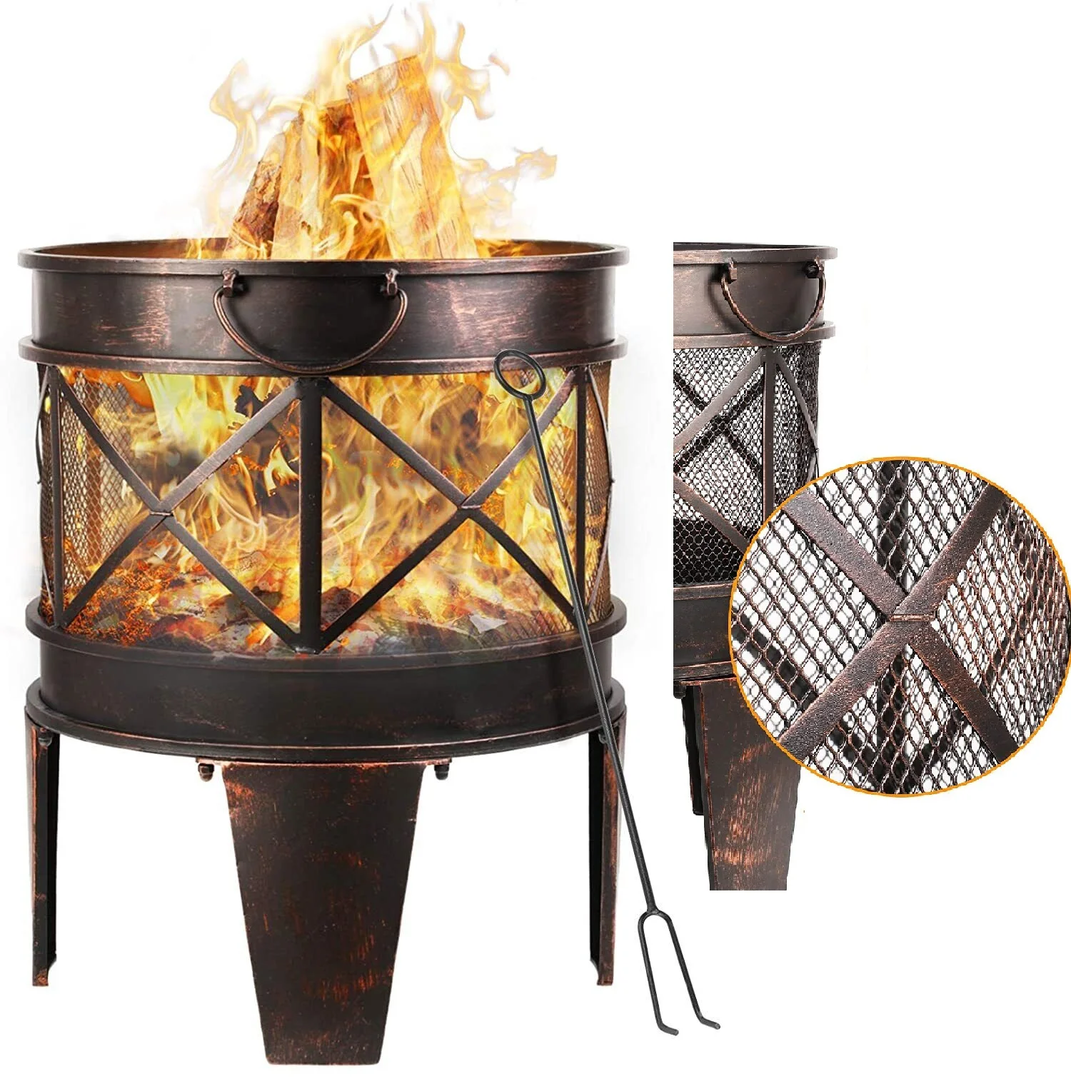 Gartenfeuerstelle, 58 x 45 cm, Feuerkorb mit Funkenschutz und Griffen, Gartenkamin mit antikem Rostoptik, Gartenfeuerstelle zum Grillen