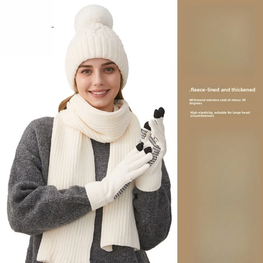 Knitted Hat Scarf Gloves Three-piece Set New Women's Versatile Fashion Winter New Thickened Ear Protectors Warm Hat Scarf Kit
