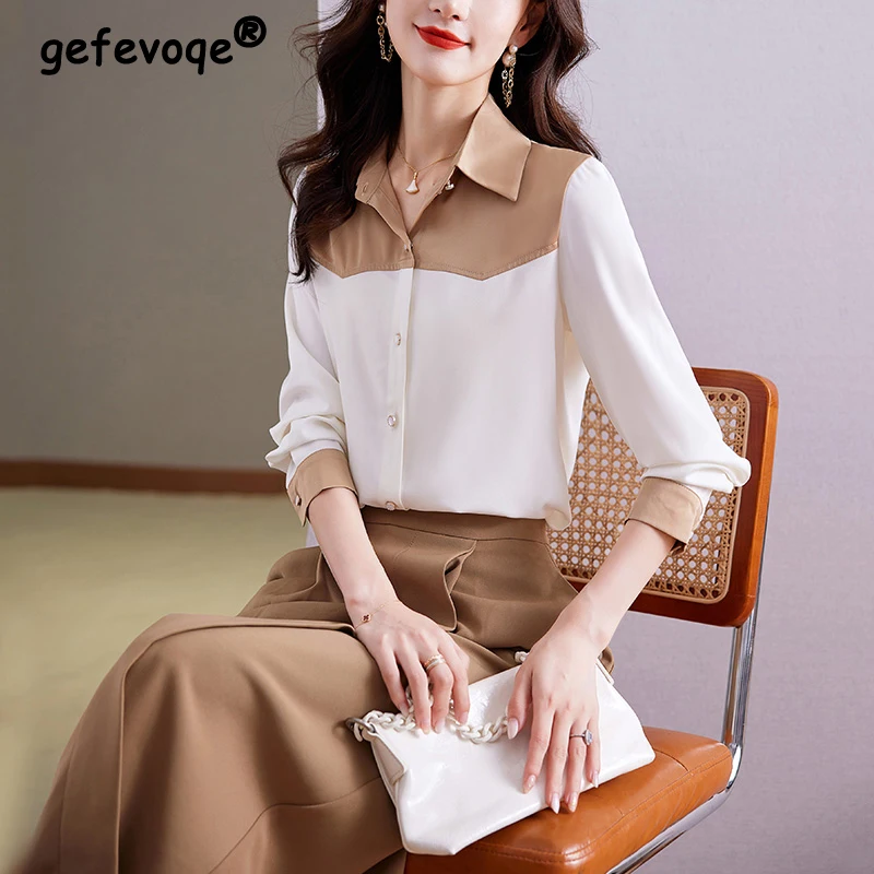 

Women's Spring Korean Fashion Contrast Color Elegant Silk Shirt Office Lady Business Casual Blouse Casual Long Sleeve Slim Tops