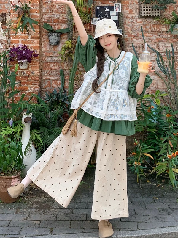 

plus Size Women's Sweet Sle round Ne Bubble Sve irt High Waist Wide Leg Pants Set Summer New Arrival Korean Version