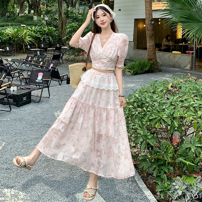 

Sweet Girl Suit Women's Summer Jacquard Chiffon Bubble Sleeve V-neck Top Lace A-line Skirt Two-piece Set Fashion Female Clothes