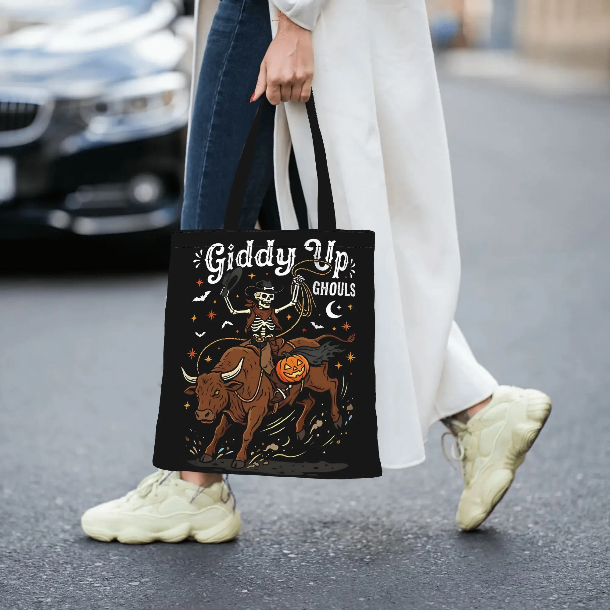Giddy Up Ghouls Spooky Rodeo canvas tote bag,  urban style for daily shopping and casual outings