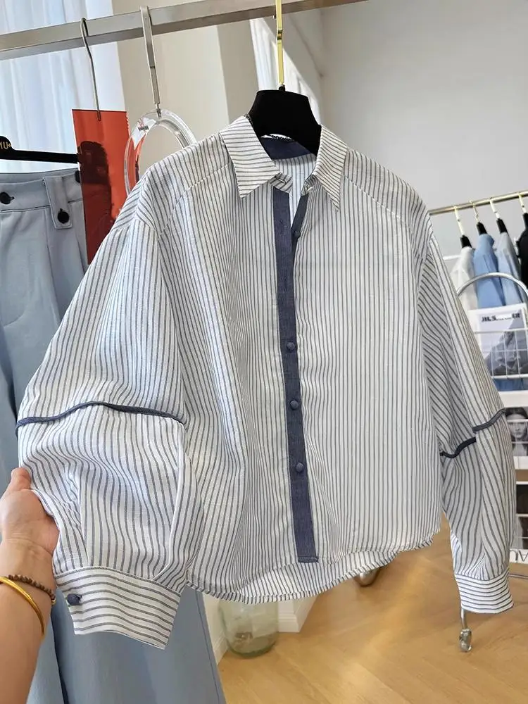 

Loose Women's Shirt plus Size Long Sleeve Striped Casual Commute Korean Style Spring Autumn Warm Polyester Cotton Blend