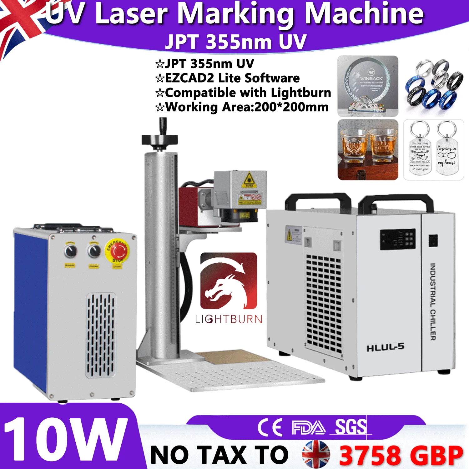 

10W JPT UV Laser Egraving Marking Machine 355nm Laser Maker Water Cooling for Glass Wood Acrylic Leather PVC Metal