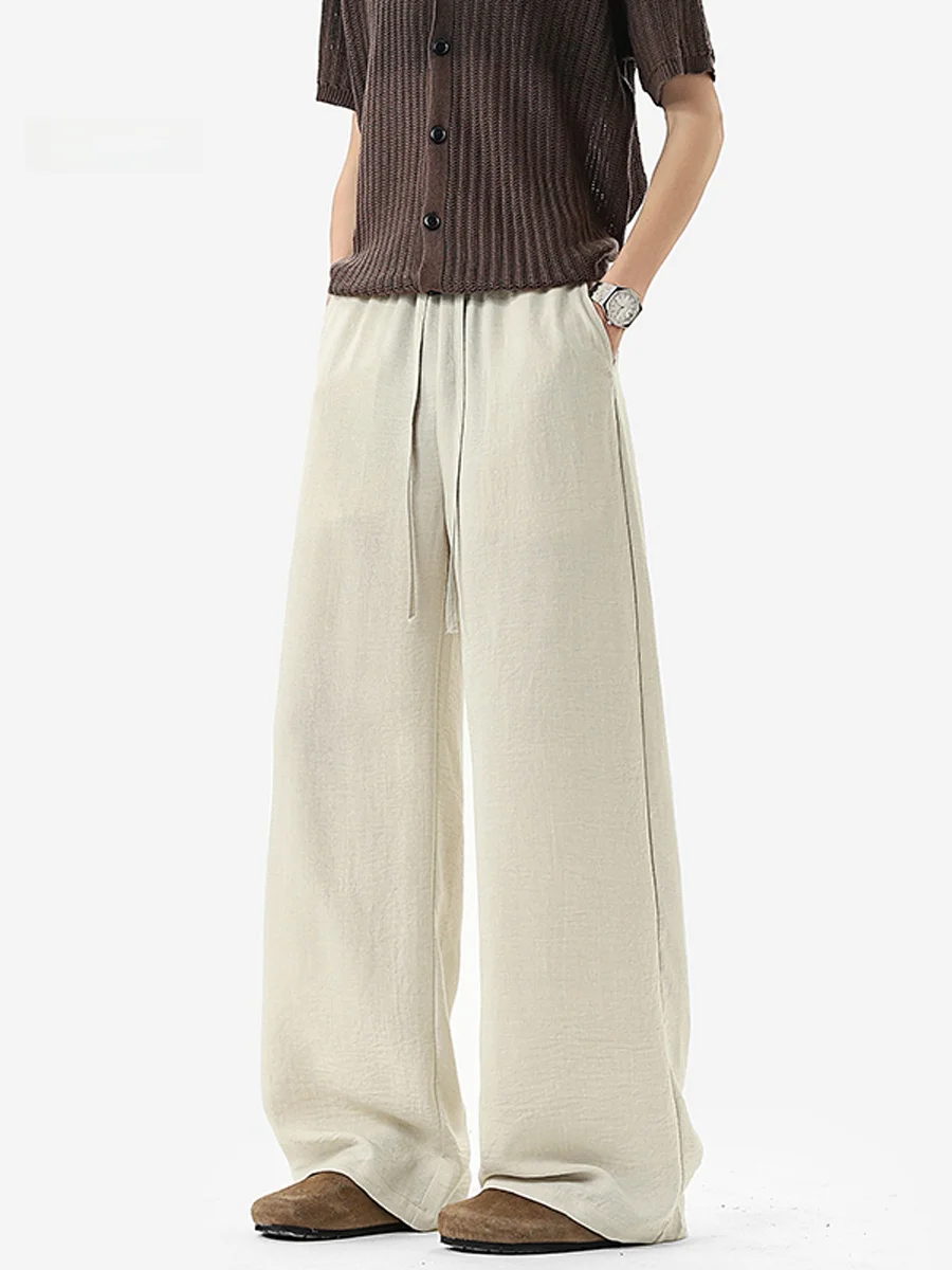 

Japanese Style Linen Men's Casual Loose Fit Summer Thin Ice Silk Wide Leg Pants Straight Tube Long Trousers