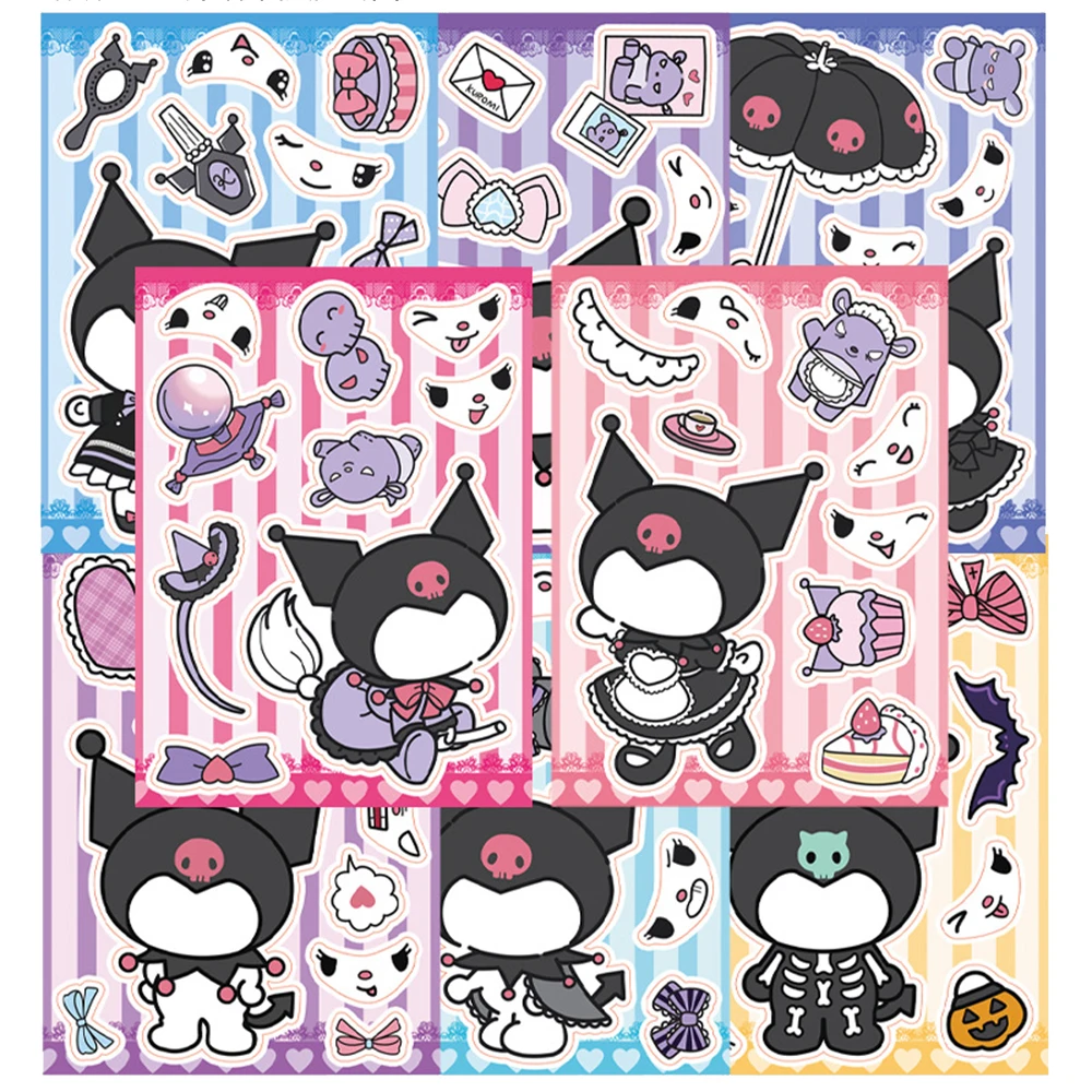 8/16 fogli Kawaii Sanrio Kuromi Puzzle Stickers Make a Face DIY Fun Party Game assemblare Jigsaw decalcomanie Cute Cartoon Kids Toy Gift