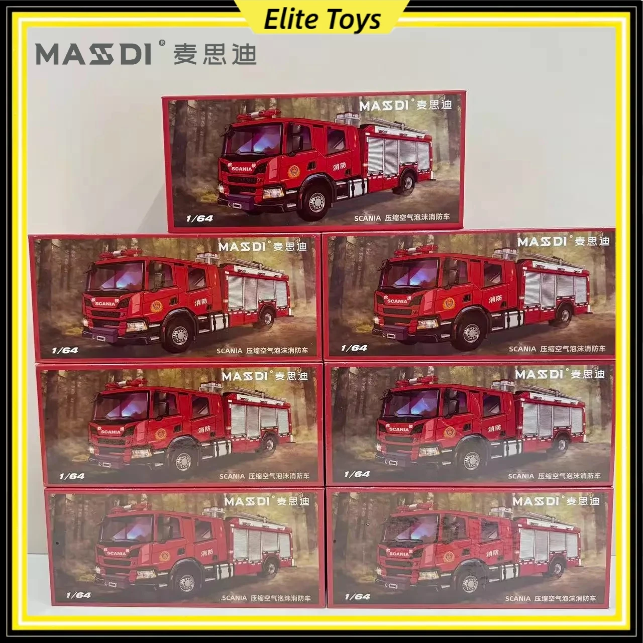 

Massdi Scania Diecast Alloy Fire Truck Model 1:64 Scale Rescue Fire Engine Simulation Collectible Display Trendy Toys Box Gift