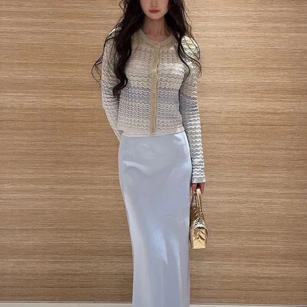 

Модный женский вязаный кардиган Sweet Adient Color Wave с ажурным узором, тонкий, стандартного кроя, китайского производства