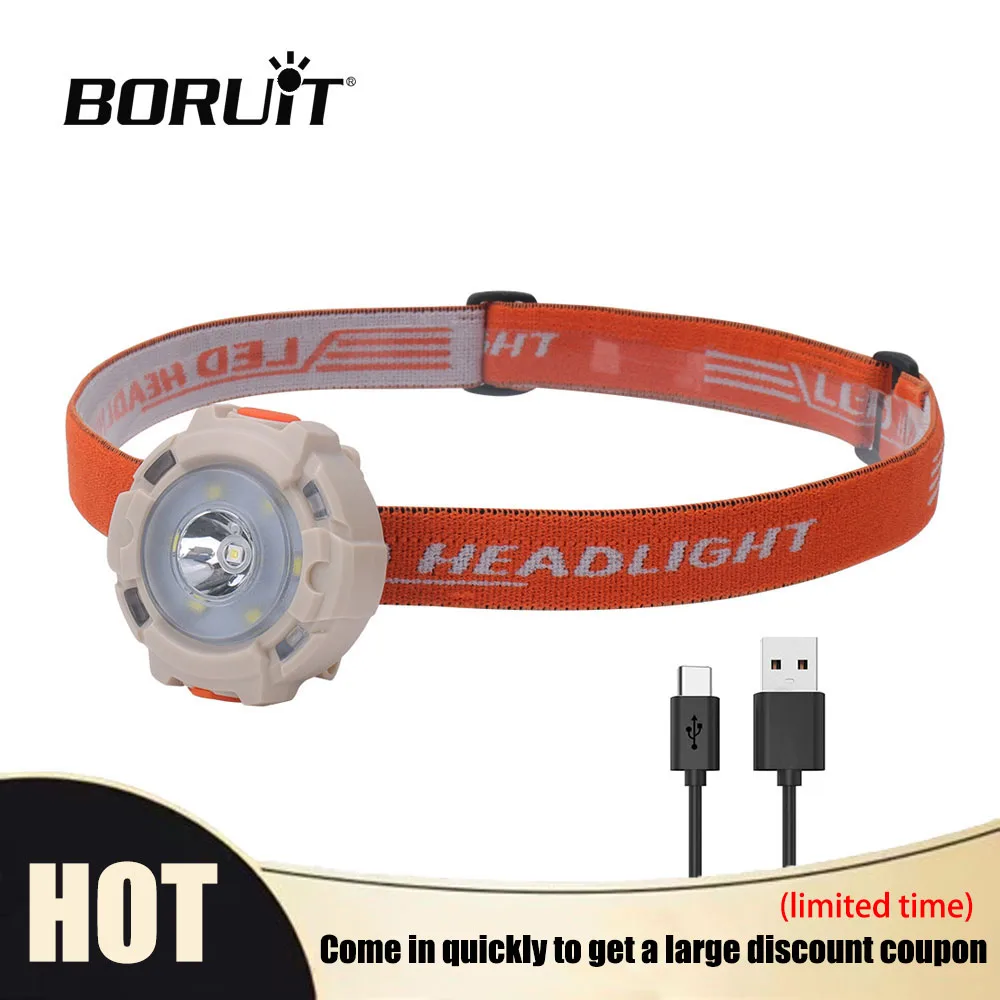 

BORUiT LED Headlamp Type-C Rechargeable Waterproof Headlight with Strong Front Light for Camping Fishing Work Outdoor Use