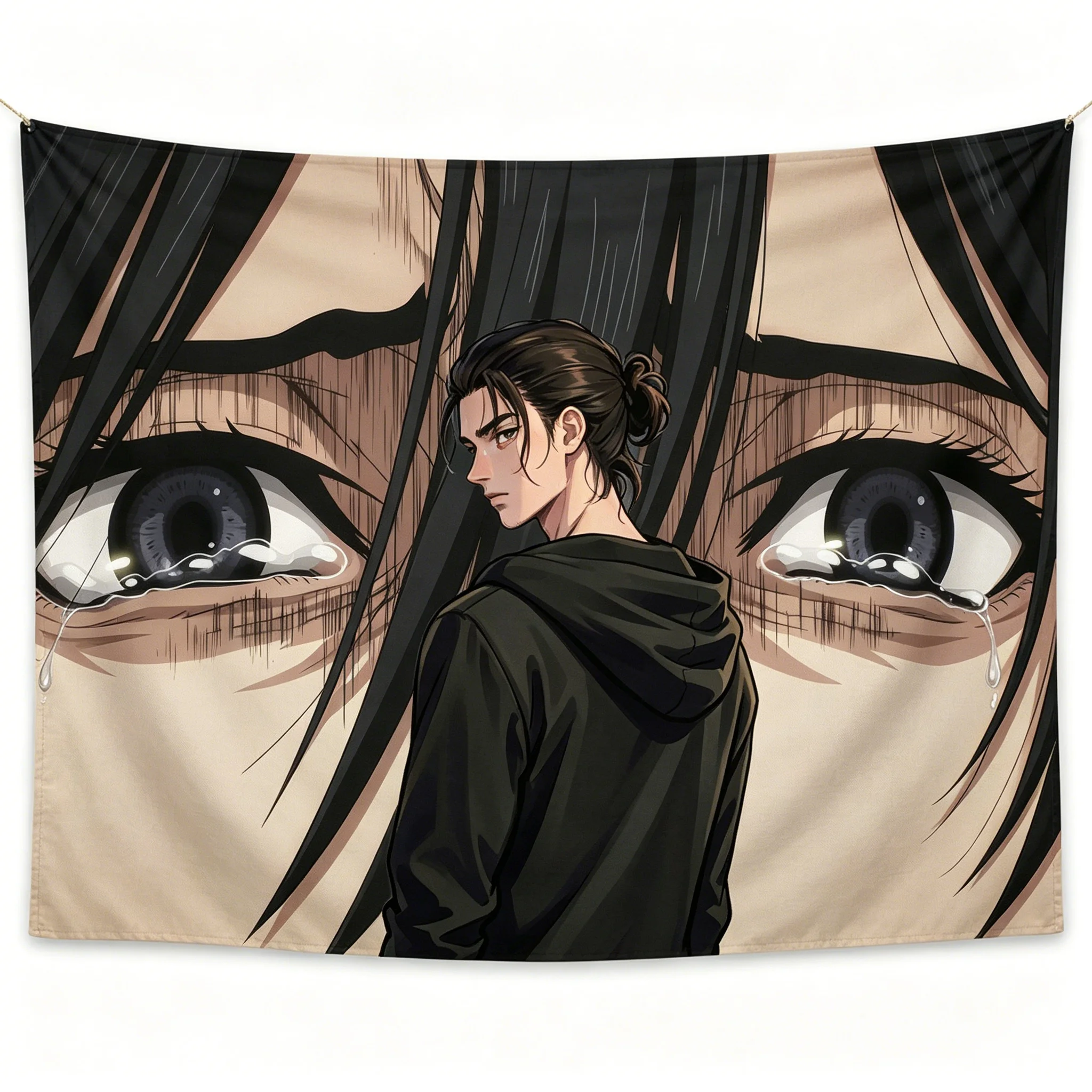 Anime Style Male Character Tapestry Big Crying Eyes Wall Hanging for Bedroom Aesthetic Decor