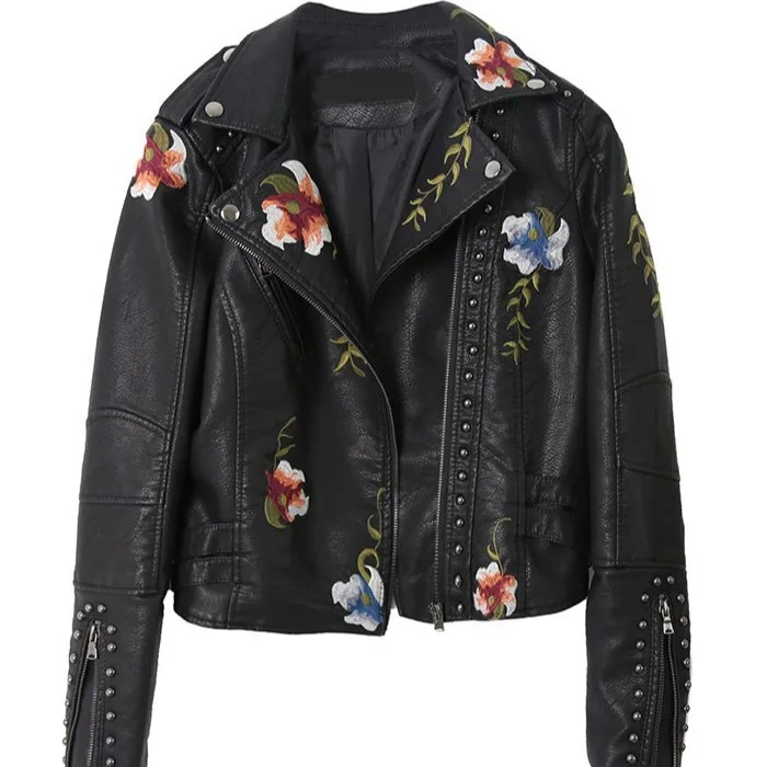 

New Women Retro Floral Print Embroidery Faux Soft Leather Jacket Coat Turndown Collar Pu Moto Biker Black Punk Outerwear