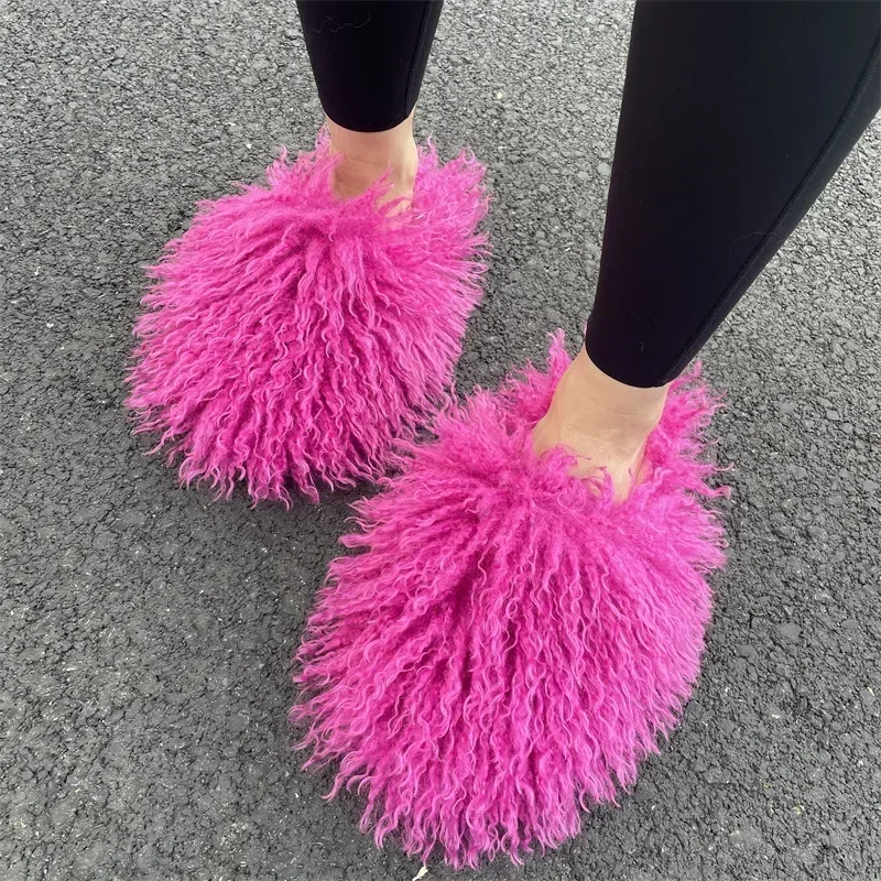 Women Autumn Winter Furry Fur Slippers Fluffy Faux Mongolian Fur Slides Warm Plush Slippers Fuzzy Flip Flops Luxury Woman Shoes