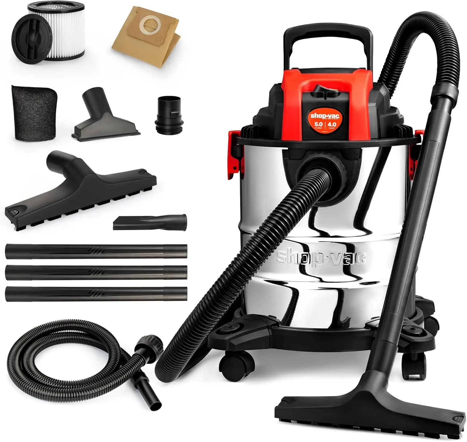 

5 Gallon 4.0 HP Wet/Dry Vacuum with Blower, Stainless Steel Tank, Portable Shop Vac with Wheels, Includes Filters & Hose for