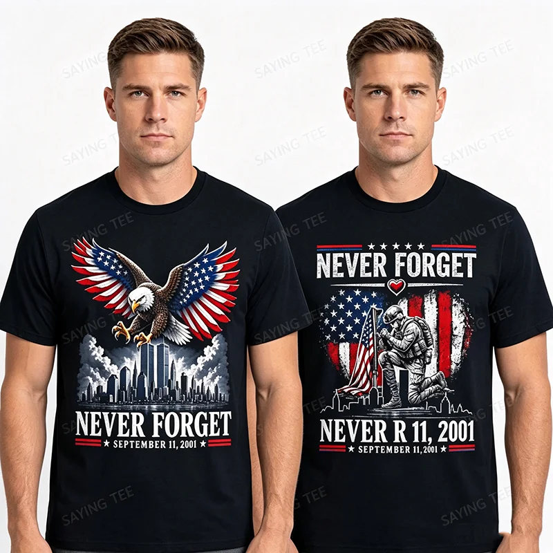 Vergiss den 11. September 2001 nie – Gedenktag T-Shirt mit amerikanischer Flagge, Y2k Herrenmode, patriotisches Grafik-T-Shirt mit Spruch, weiche Baumwolle – Detail 6