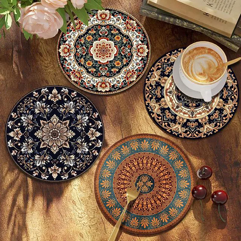 2pcs Bohemian Retro Round Coaster Heat Resistant Non Slip Rubber Base Quick Dry Absorbent Mandala Placemat Kitchen Table Decor