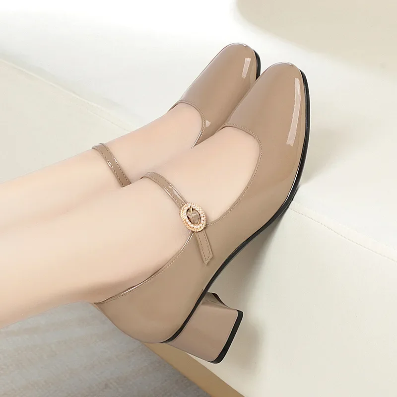 5cm Vintage Shallow Patent Leather Shoes Women Mary Janes 2024 Spring Med Block Heels Shoes Black for Office Mom Dance Work
