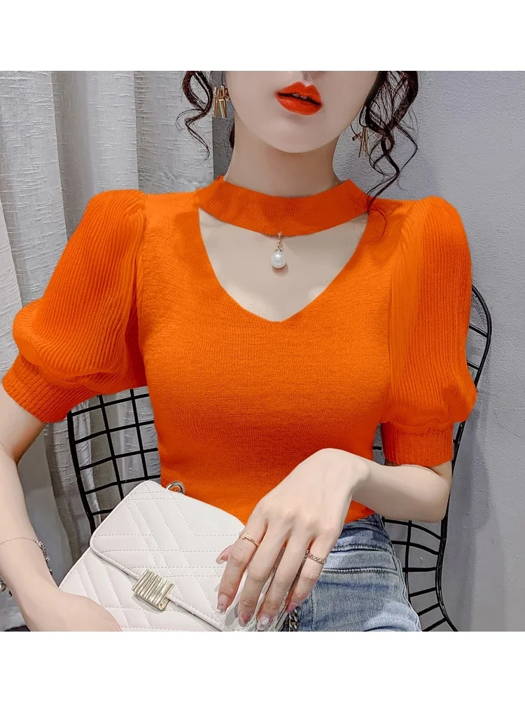 

2023 Summer New Faion Sexy Hollow out Bubble Sve Knit Top Women Loose ort Sve round Ne Pullover Korean Sle