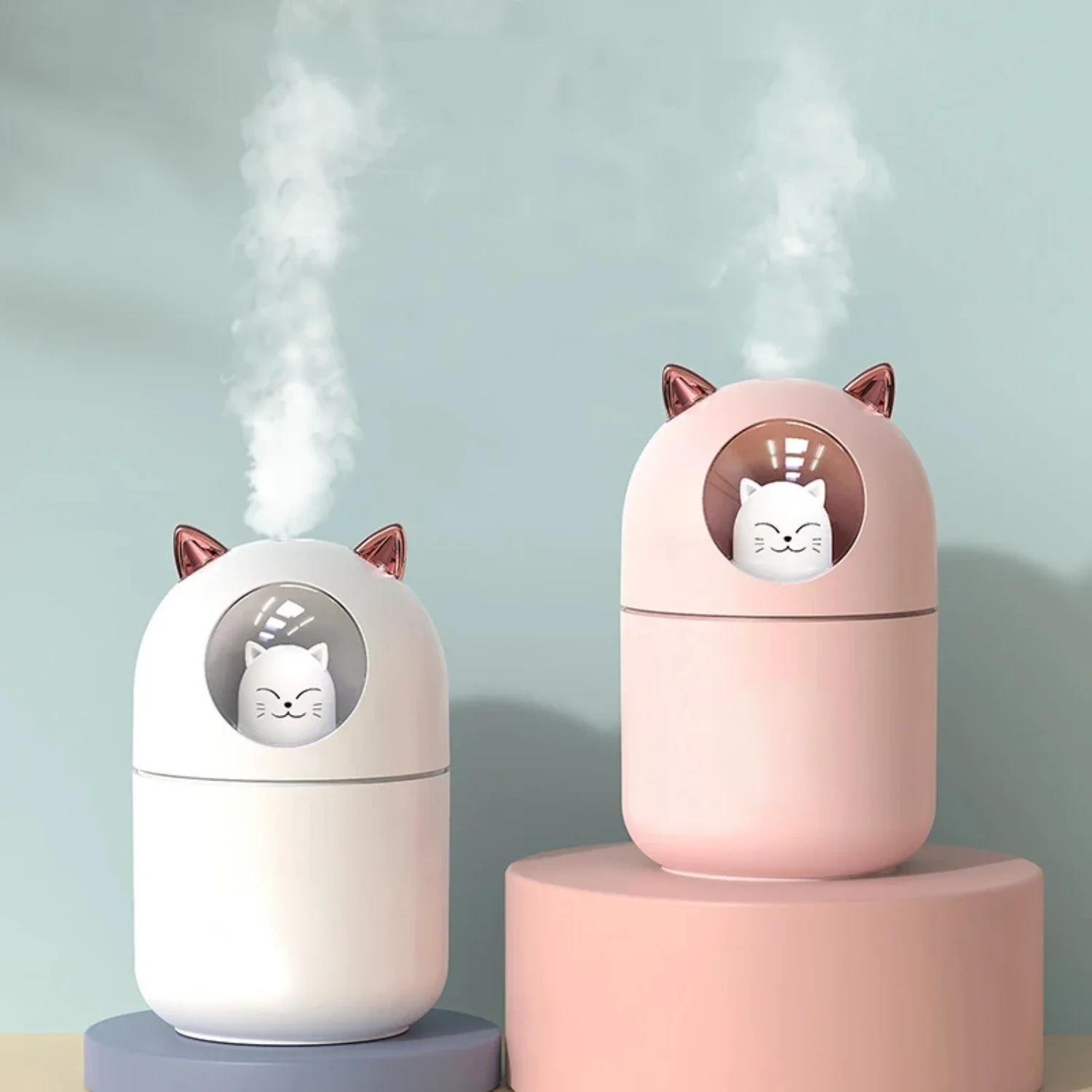 Efficient, Stylish, and Cute Cat-shaped Mini USB Ultrasonic Cool Mist Maker with Colorful Lamp - Lightweight Compact 300ML Essen