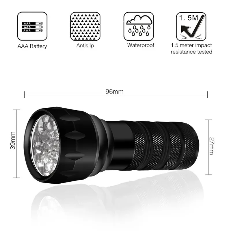 Linterna UV ultravioleta para mascotas, lámpara de luz negra de 395nm, Mini linterna UV, Detector de luz UV para escorpión de manchas de orina