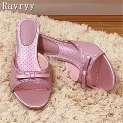 Sweet Pink Butterfly Knot Slippers Women Summer New Open Toe Kitten Heels Sandals Girls Dress Party Casual Shoes