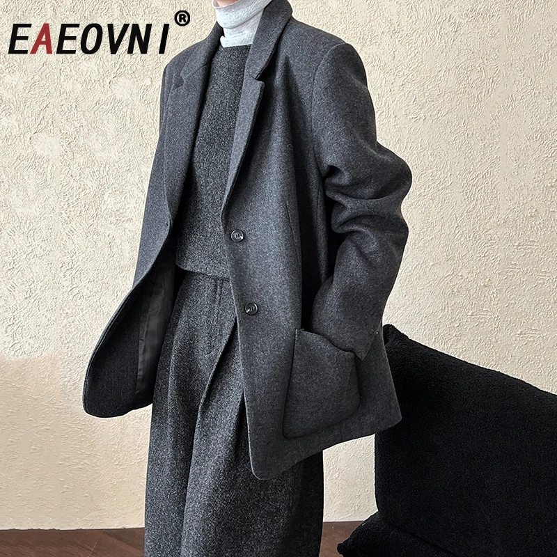 

EAEOVNI Office Lady Wool Blazer Coat Women Solid Color Fashion Notched Collar Button Long Sleeve Jacket 2025 Autumn Winter New