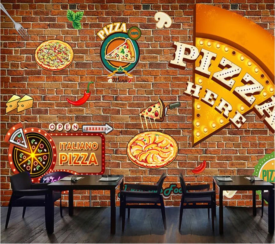 

Custom 3d new retro pizza brick wall restaurant graffiti tooling large mural wallpaper background wall paper decorative painting