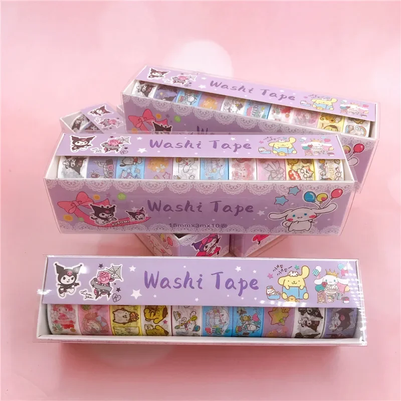 10pcs Sanrio Cartoon Children Kuromi Cinnamoroll MyMelody PomPomPurin Cute  Paper Tape Decoration Material DIY Large Collection