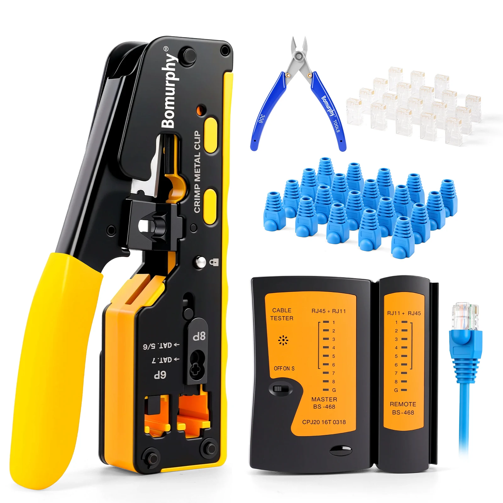 

Bomurphy Pass Through RJ45 Crimp Tool Kit All-in-One Ethernet Crimper Cat7 Cat6 Cat5 Crimping Tool with Network Cable Tester