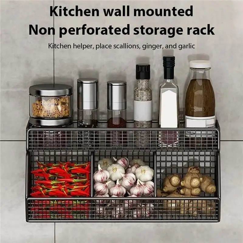 【RECOMMEND】Kitchen Wall Mounted Storage Rack Vegetables Fruits Holder Onion Garlic Condiments Spice Double Layer Storage Shelf