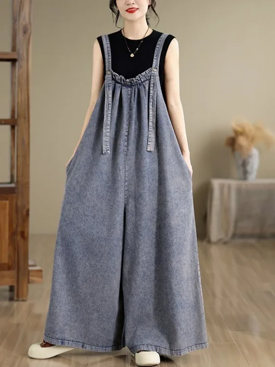Retro Loose Slimming Washed Denim Overalls Large Size Women's Casual Wide Leg Pants Versatile Comfortable Cotton Blend