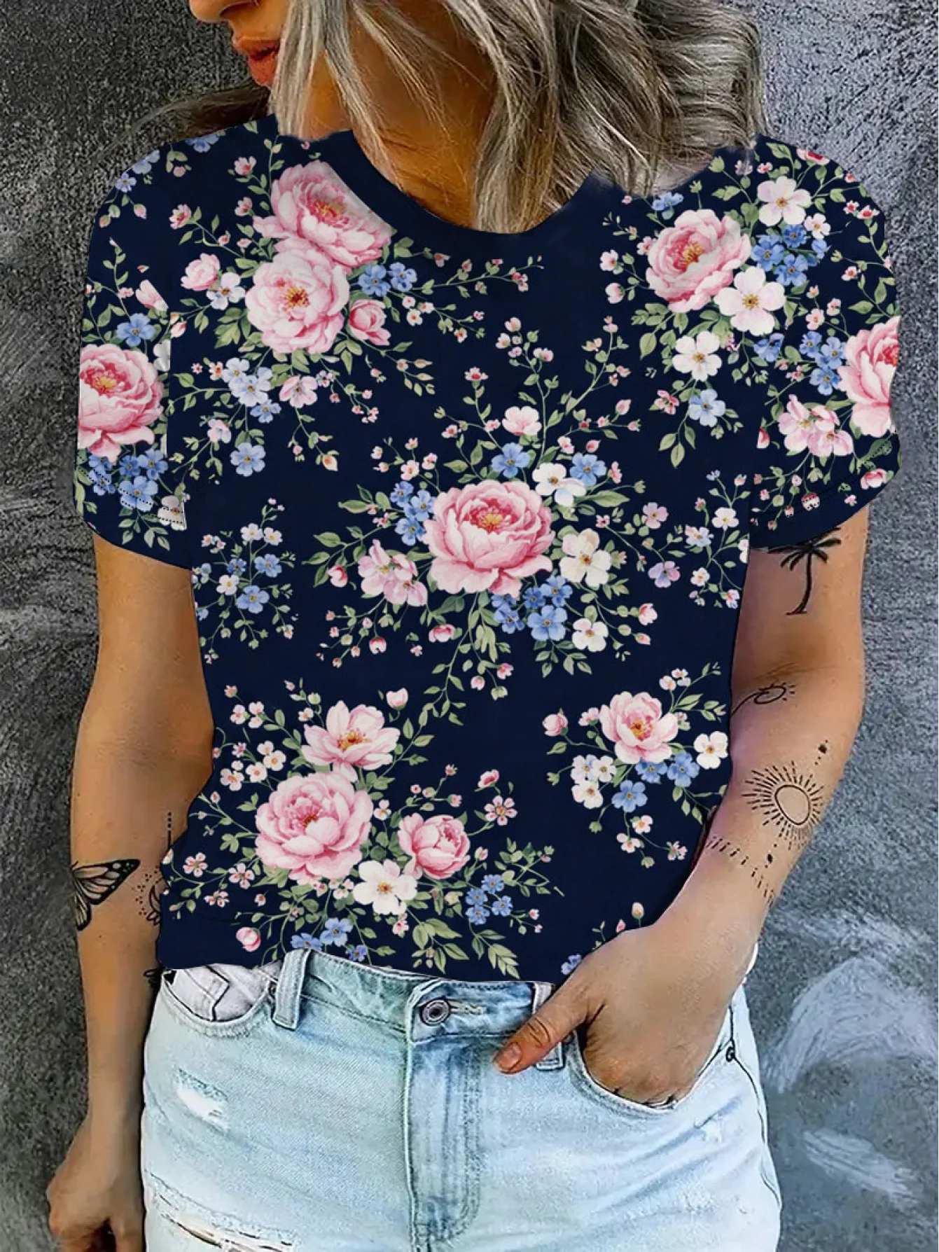 2026 Women Peony Floral Print T-Shirt, Vintage Elegant Flower Graphic Tee, Breathable Quick Dry Top, Casual Vacation Daily Wear
