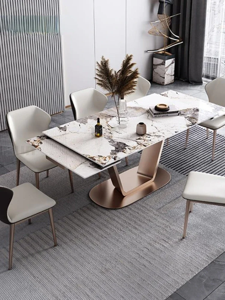 طاولة طعام وكراسي إيطالية مزيج 1.8 متر لوح صخري قابل للتوسيع أثاث المطبخ قاعدة من الفولاذ المقاوم للصدأ طاولة مستطيلة