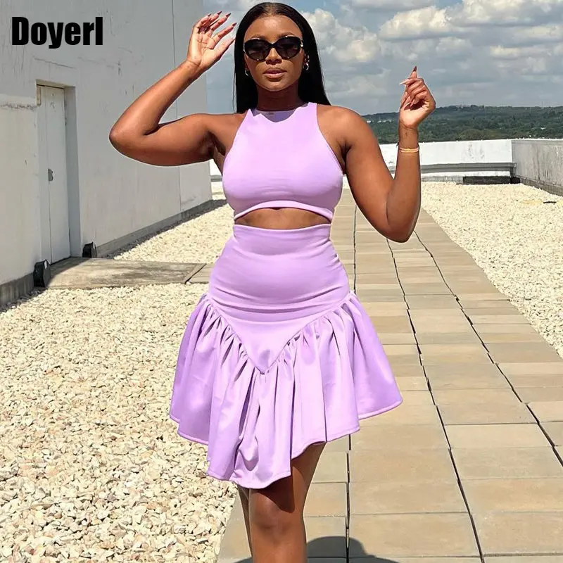

Ruffle Summer Two Pieces Sets Women Clothing Skirt and Top Women Set Party Night Club Outfit Solid 2 Piece New In Matching Sets