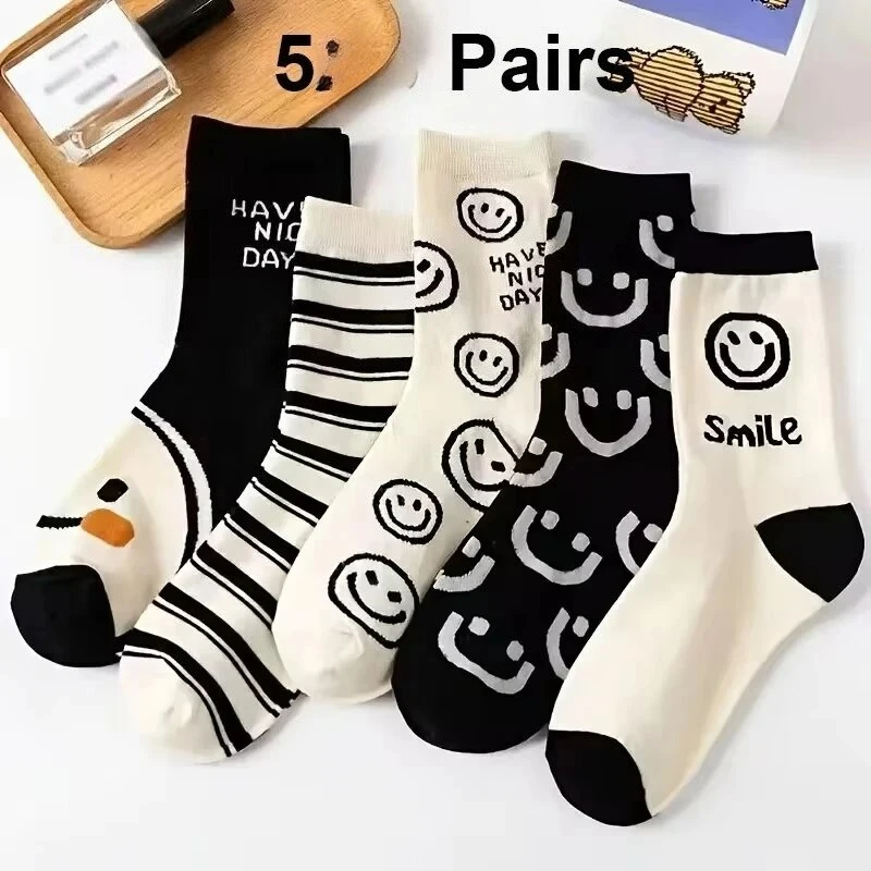 5 Paar Happy Face Crew-Socken, Cartoon-Katze, atmungsaktive Baumwolle, mittlere Röhrensocken, Damenstrümpfe und Strumpfwaren