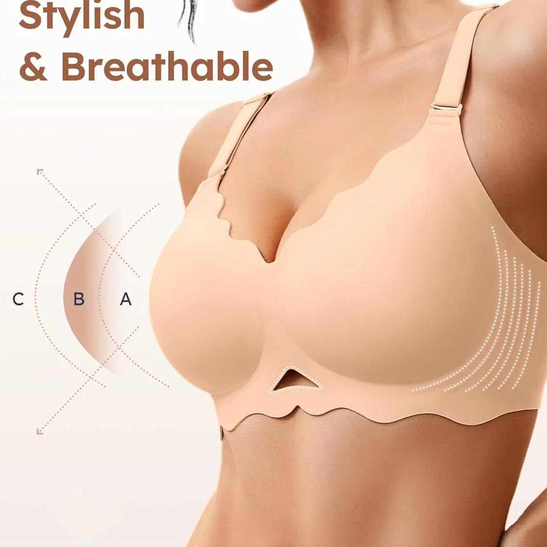 Women's Seamless Wire-free Bra with Deep V-neck Wavy Design Soft and Supportive Jelly-like Texture Full Cup Bra Plus Up image 2