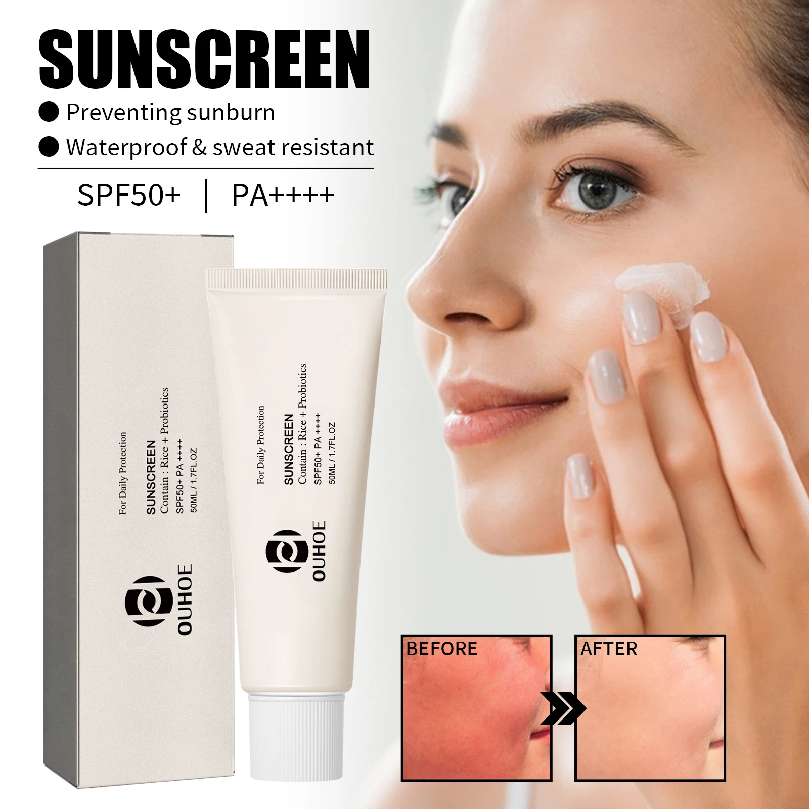 Protector solar facial SPF 50, crema hidratante de protección UV no graso para pieles sensibles, ligero, tamaño de viaje, 50ml, probiótico de arroz