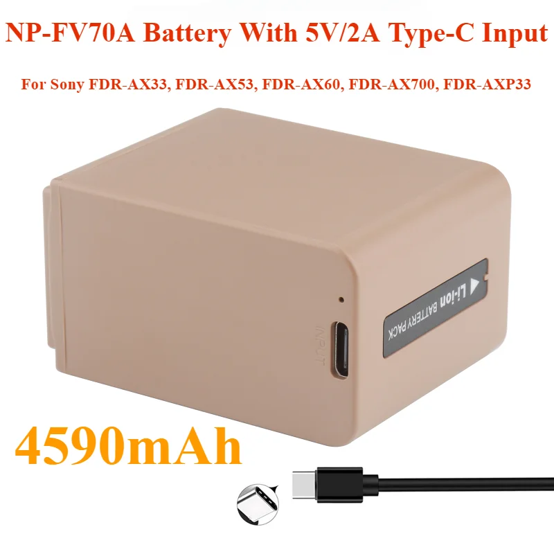 

4950mAh For Sony FDR-AX33, FDR-AX53, FDR-AX60, FDR-AX700, FDR-AXP33 NP-FV100 NP-FV100A NP-FV70A Battery With 5V/2A Type-C Input