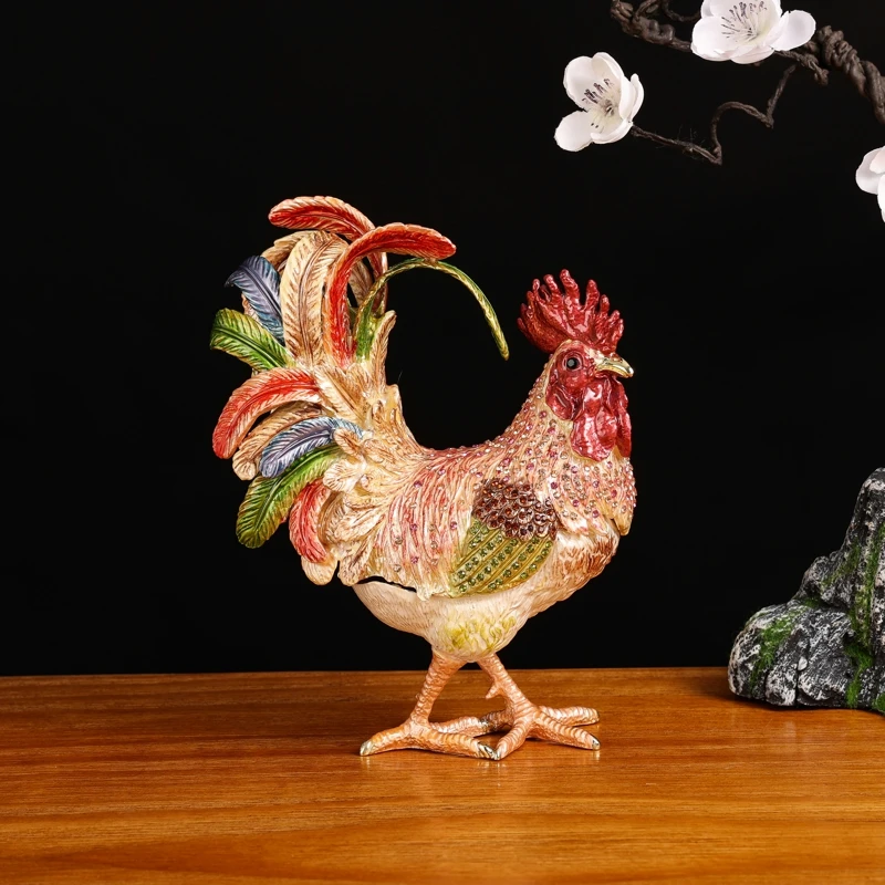 

SHINNYGIFTS Metal Crafts Feng Shui Big Size Animal Enamel Rooster Trinket Box Home Decorative Home Decorative