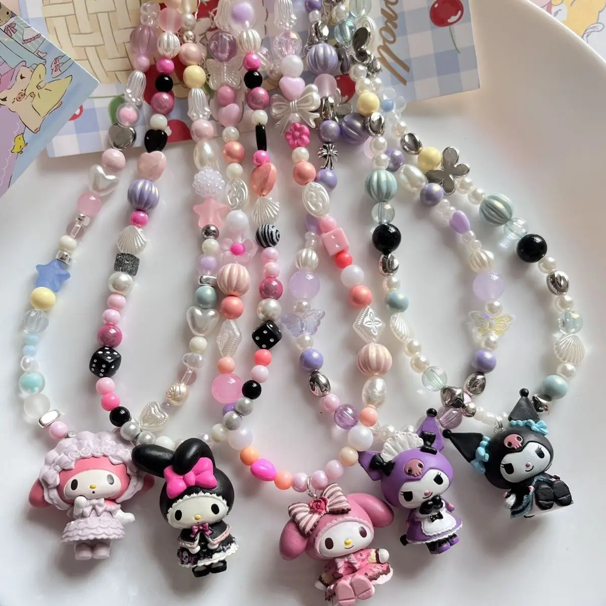 Sanrio Beaded Necklace Kawaii Melody Colorful Gemstone Necklace Cute Kuromi Anime Pendant Lolita Accessories Girls Jewelry