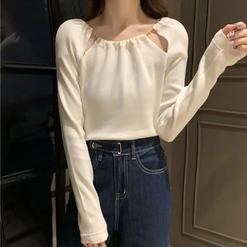 Kimutomo 2026 New Chain Hollow Out Halter Neck Knit Top Women Slim Fit Long Sleeve Spicy Girl Base Layer Shirts