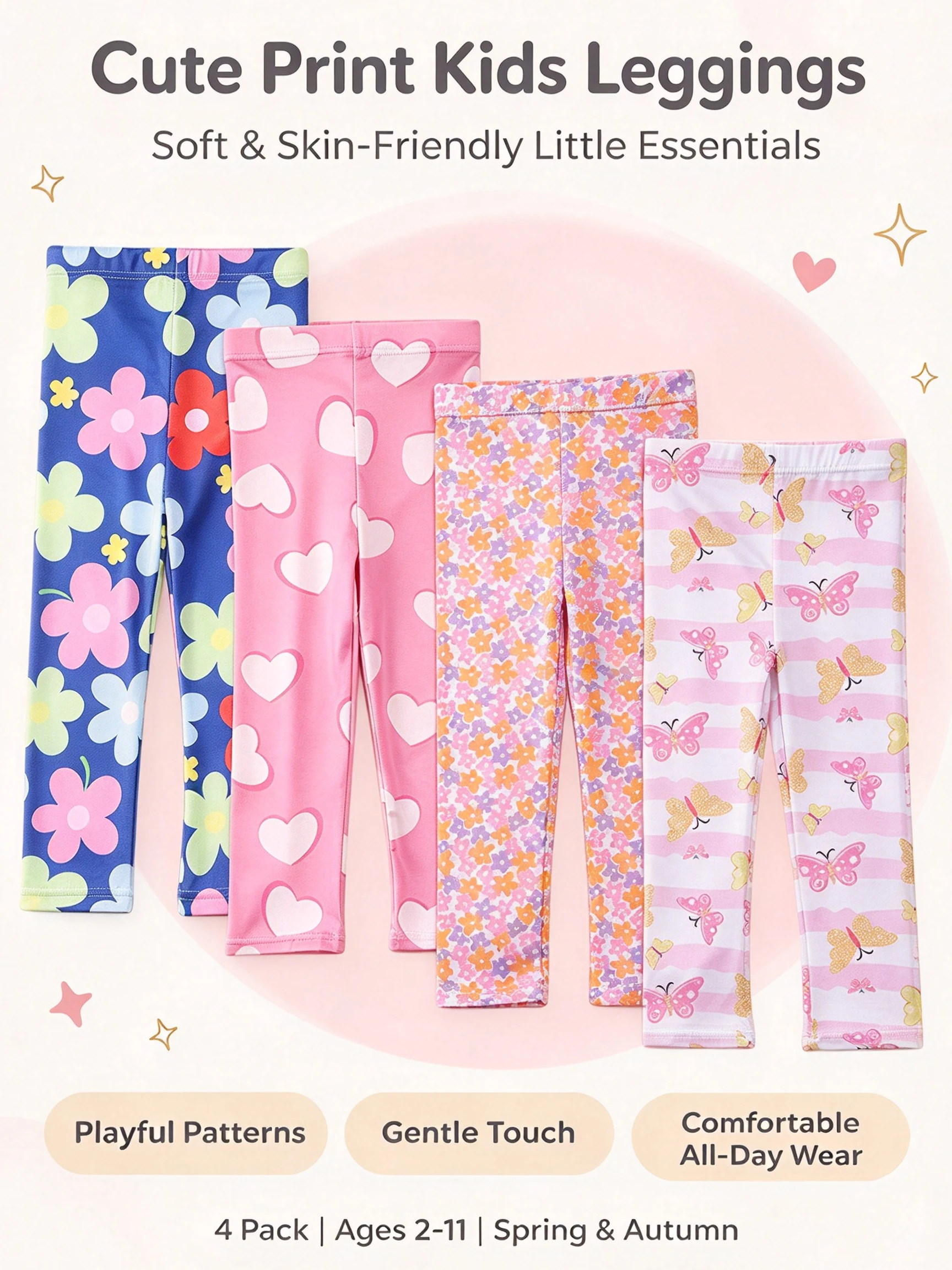 4Pack Girls Printed Leggings 2-11Y Cute Floral & Heart Prints Elastic Slim Thin Long Trousers Spring Autumn Kids Casual Bottoms