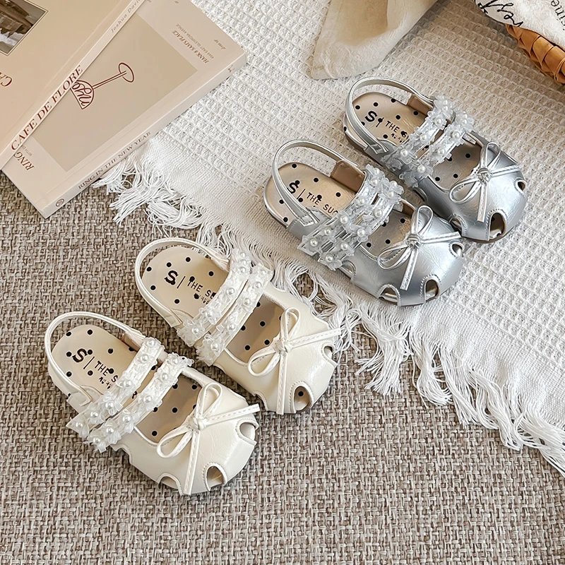 Girls Sandals Simple Bows Kids Princess Beach Shoes Hollowed-out 2026 Summer New Children Casual Shoes Korean Style Sweet