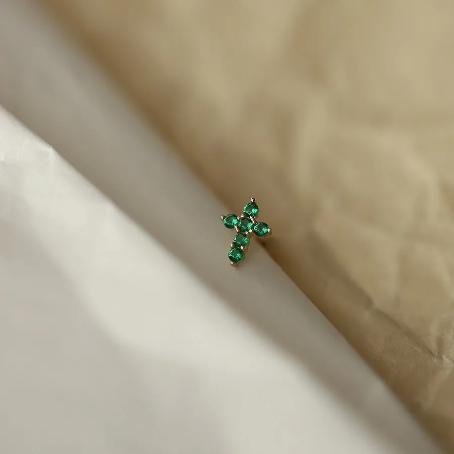 925 Sterling Silver Electroplated 14K Gold Green Zircon Cross Earrings for Women French Retro Temperament Ear Accessories