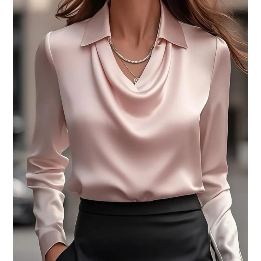 Immagine 5: Camicia da donna in raso retrò a maniche lunghe primavera autunno nuovo stile tinta unita semplice colletto altalena colletto della camicia top da donna